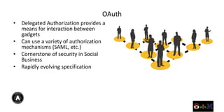 OAuth
•   Delegated Authorization provides a
    means for interaction between
    gadgets
•   Can use a variety of authorization
    mechanisms (SAML, etc.)
•   Cornerstone of security in Social
    Business
•   Rapidly evolving specification
 