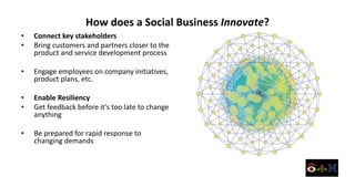 How does a Social Business Innovate?
•   Connect key stakeholders
•   Bring customers and partners closer to the
    product and service development process

•   Engage employees on company initiatives,
    product plans, etc.

•   Enable Resiliency
•   Get feedback before it’s too late to change
    anything

•   Be prepared for rapid response to
    changing demands
 