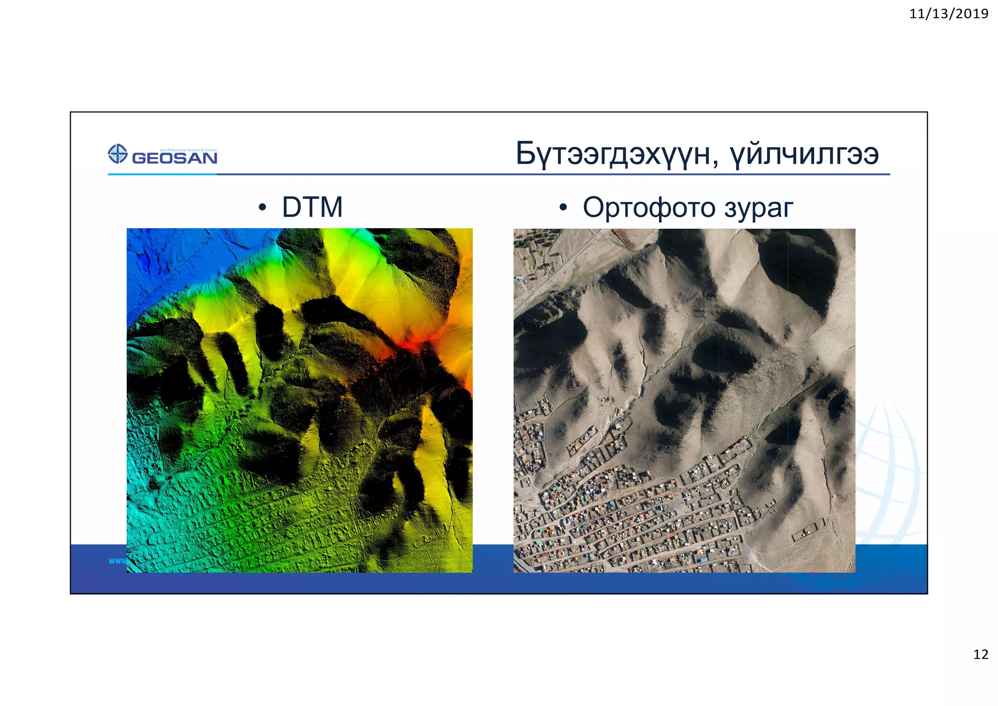 11/13/2019
12
• DTM
Бүтээгдэхүүн, үйлчилгээ
• Ортофото зураг
 