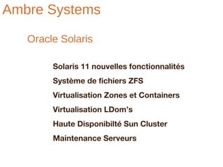 Ambre Systems

   Oracle Solaris

        Solaris 11 nouvelles fonctionnalités
        Système de fichiers ZFS
        Virtualisation Zones et Containers
        Virtualisation LDom’s
        Haute Disponibilté Sun Cluster
        Maintenance Serveurs
 