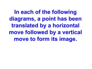 In each of the following
diagrams, a point has been
translated by a horizontal
move followed by a vertical
move to form its image.
 