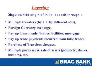 Layering
 Disguise/hide origin of initial deposit through :

• Multiple transfers (by TT, by different a/cs),
• Foreign Currency exchange,
• Pay up loans, trade finance facilities, mortgage
• Pay up trade payments incurred from false trades,
• Purchase of Travelers cheques,
• Multiple purchase & sale of assets (property, shares,
  business, etc.
 