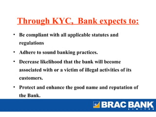 Through KYC, Bank expects to:
• Be compliant with all applicable statutes and
  regulations
• Adhere to sound banking practices.
• Decrease likelihood that the bank will become
  associated with or a victim of illegal activities of its
  customers.
• Protect and enhance the good name and reputation of
  the Bank.
 