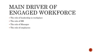  The role of leadership in workplace
 The role of HR
 The role of Manager
 The role of employees
 