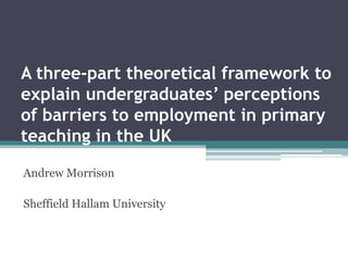 A three-part theoretical framework to
explain undergraduates’ perceptions
of barriers to employment in primary
teaching in the UK
Andrew Morrison
Sheffield Hallam University
 