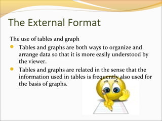 The External Format
The use of tables and graph
 Tables and graphs are both ways to organize and
   arrange data so that it is more easily understood by
   the viewer.
 Tables and graphs are related in the sense that the
   information used in tables is frequently also used for
   the basis of graphs.
 