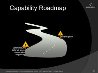 Capability Roadmap 
Lorem ipsum 
dolor sit amet, 
consectetur 
adipiscing 
Lorem ipsum 
1 
1 
1 
2 
Quadrature Presentation and Communications Services Overview © 2014 Quadrature Design. All Rights Reserved 20 
 
