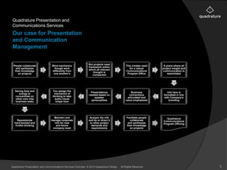 Quadrature Presentation and 
Communications Services 
Our case for Presentation 
and Communication 
Management 
People collaborate 
and synthesize 
their knowledge 
on projects 
Mind mechanics 
though work 
differently from 
one another’s 
But projects need 
framework within 
which all relevant 
thought is 
compacted 
This creates need 
for a robust 
Communications 
Program Office 
A place where all 
project insight and 
communication is 
assimilated 
Info here is 
formatted in line 
with Company’s 
branding 
Business 
connections 
articulated and 
value emphasized 
Presentations 
readied based on 
speaker 
personalities 
You assign the 
mechanics of 
thinking to take 
audio-visual 
shape here 
Saving time and 
energy to 
concentrate on 
other core vital 
business tasks 
Repositorize 
hard-worked and 
fruitful thinking 
Maintain and 
manage corporate 
info for now 
and future 
company need 
Analyze the info 
and tie or direct it 
to other project 
demands and 
requirements 
Facilitate people 
collaborate 
and synthesize 
their knowledge 
on projects 
Quadrature 
Communications 
Program Officing 
Quadrature Presentation and Communications Services Overview © 2014 Quadrature Design. All Rights Reserved 3 
 