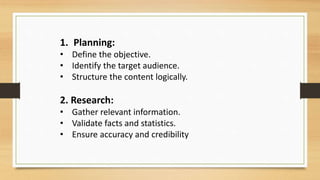 1. Planning:
• Define the objective.
• Identify the target audience.
• Structure the content logically.
2. Research:
• Gather relevant information.
• Validate facts and statistics.
• Ensure accuracy and credibility
 