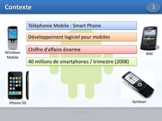 ContexteContexte3Téléphonie Mobile : Smart PhoneDéveloppement logiciel pour mobilesChiffre d’affaire énormeWindows MobileRIM40 millions de smartphones / trimestre (2008)SymbianiPhone OS
