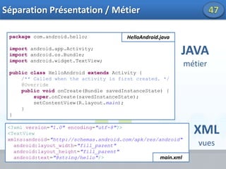 Machine Virtuelle Dalvik25Nouvelle instance pour chaque processus : Applications indépendantes  Exécute des fichiers .dex (Dalvik Executable)Dalvik core class library fournit une base de développement proche  de java SE, adapté au mobile