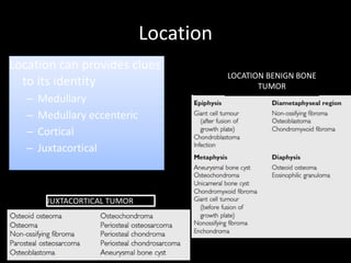 Location
Location can provides clues
to its identity
– Medullary
– Medullary eccenteric
– Cortical
– Juxtacortical
LOCATION BENIGN BONE
TUMOR
JUXTACORTICAL TUMOR
 