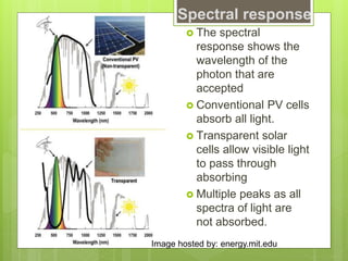 Spectral response
 The spectral
response shows the
wavelength of the
photon that are
accepted
 Conventional PV cells
absorb all light.
 Transparent solar
cells allow visible light
to pass through
absorbing
 Multiple peaks as all
spectra of light are
not absorbed.
Image hosted by: energy.mit.edu
 