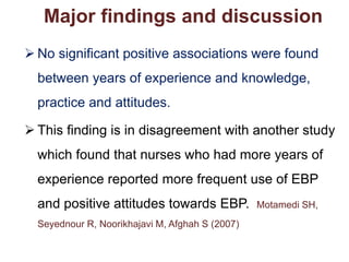  No significant positive associations were found
between years of experience and knowledge,
practice and attitudes.
 This finding is in disagreement with another study
which found that nurses who had more years of
experience reported more frequent use of EBP
and positive attitudes towards EBP. Motamedi SH,
Seyednour R, Noorikhajavi M, Afghah S (2007)
Major findings and discussion
 