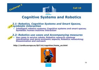 2
              n ge
          e
     h all                                                       Call 10
 C


                   Cognitive Systems and Robotics
• 2.1: Robotics, Cognitive Systems and Smart Spaces,
  7 M Symbiotic Interaction
     €
6
        • Intelligent robotics systems; Cognitive systems and smart spaces;
          Symbiotic human-machine interaction

• 2.2: Robotics use cases and Accompanying measures
  3M
    €   • Use cases in service robots; Robotics research roadmap
2
          coordination and socio-economic aspects; Robotics networking;
          Dissemination and outreach

        http://cordis.europa.eu/fp7/ict/cognition/home_en.html




                                                                           14
                                        Policy
                                         Research and
                                         Research and
                                        Policy
                                         Innovation
                                         Innovation
 