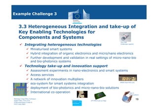 Example Challenge 3


      3.3 Heterogeneous Integration and take-up of
      Key Enabling Technologies for
      Components and Systems
                                                                                               VECTOR
               Integrating heterogeneous technologies                                          (Endoscopic capsule)


                        Miniaturised smart systems
                        Hybrid integration of organic electronics and micro/nano electronics
                        Further development and validation in real settings of micro-nano-bio
                        and bio-photonics systems
               Technology take-up and innovation support
                        Assessment experiments in nano-electronics and smart systems
                        Access services
                        A network of innovation multipliers
                        eco-system for smart systems integration                 iPHOS (Sub-THZ com)


                        deployment of bio-photonics and micro-nano-bio solutions
                        International co-operation                                           Place-it
                                                                                                            (ICs on plastic)

Metrology Using X-Ray Techniques
Jordan Valley, CEA-LETI,                              Roll-to-Roll     (PYTHIA (Lab-on-Chip)
                                                                                                                      19
STMicroelectronics Crolles II,                        (Fast2Light)
                                                       Policy
                                                        Research and
                                                        Research and
                                                       Policy
                                                       Innovation
                                                       Innovation
NXP Crolles R&D
 