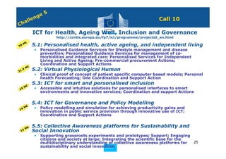 5
                  n ge
      all
         e                                                                      Call 10
C   h
                  ICT for Health, Ageing Well, Inclusion and Governance
                             http://cordis.europa.eu/fp7/ict/programme/projects5_en.html
          €
58
   M
      • 5.1: Personalised health, active ageing, and independent living
                  •   Personalised Guidance Services for lifestyle management and disease
                      prevention; Personalised Guidance Services for management of co-
                      morbidities and integrated care; Personalised Services for Independent
                      Living and Active Ageing; Pre-commercial procurement Actions;
                      Coordination and Support Actions
              €
3   1.• 5.2: Virtual Physiological Human
      M
      9
                  •   Clinical proof of concept of patient specific computer based models; Personal
                      health Forecasting; One Coordination and Support Action
      • 5.3: ICT for smart and personalised inclusion
   M€             •   Accessible and intuitive solutions for personalised interfaces to smart
19
                      environments and innovative services; Coordination and support Actions


      • 5.4: ICT for Governance and Policy Modelling
      M€          •   Policy modelling and simulation for achieving productivity gains and
19
                      innovation in public service provision through innovative use of ICT;
                      Coordination and Support Actions


      • 5.5: Collective Awareness platforms for Sustainability and
       M€
    15  Social Innovation
                  •   Supporting grassroots experiments and prototypes; Support; Engaging
                      citizens and society at large; Integrating the scientific base for the
                      multidisciplinary understanding of collective awareness platforms for  25
                      sustainability and social innovation
                                                      Policy
                                                       Research and
                                                       Research and
                                                      Policy
                                                       Innovation
                                                       Innovation
 
