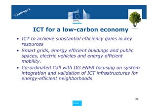 en ge 6
   al   l
Ch



                      ICT for a low-carbon economy
 • ICT to achieve substantial efficiency gains in key
   resources
 • Smart grids, energy efficient buildings and public
   spaces, electric vehicles and energy efficient
   mobility.
 • Co-ordinated Call with DG ENER focusing on system
   integration and validation of ICT infrastructures for
   energy-efficient neighborhoods



                                                      28
                                 Policy
                                  Research and
                                  Research and
                                 Policy
                                  Innovation
                                  Innovation
 
