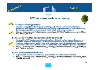 6
              n ge                                                     Call 11
         e
    h all
C


                             ICT for a low carbon economy

     M€
•8 6.1: Smart Energy Grids
1

          •   Intelligent systems built over existing and future telecommunications
              networks and services that will assist in the management of the electricity
              distribution grid in an optimized, controlled and secure manner
    €     •   http://ec.europa.eu/information_society/activities/sustainable_growth/gr
1 4M          ids/index_en.htm

• 6.3: ICT for water resources management
          •   Innovative ICT systems and services for efficient water use and reuse, in
              order to improve household, business and societal awareness, to induce
     M€       changes in consumer behaviour and to enable the introduction of innovative
26
              resource and demand management schemes and adaptive pricing incentives
          •   http://ec.europa.eu/information_society/activities/sustainable_growth/w
              ater/index_en.htm

• 6.5: Co-operative mobility
          •   Supervised automated driving; Coordination and Support Actions
          •   http://ec.europa.eu/information_society/activities/esafety/research_activ
              /index_en.htm

                                                                                       29
                                             Policy
                                              Research and
                                              Research and
                                             Policy
                                              Innovation
                                              Innovation
 