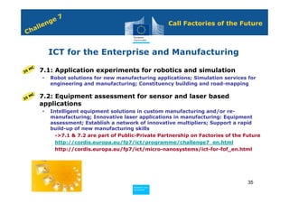 7
              n ge                                            Call Factories of the Future
          e
     h all
C


               ICT for the Enterprise and Manufacturing
     M€
     •    7.1: Application experiments for robotics and simulation
35
          •    Robot solutions for new manufacturing applications; Simulation services for
               engineering and manufacturing; Constituency building and road-mapping


3 5M
    €
     •    7.2: Equipment assessment for sensor and laser based
          applications
          •    Intelligent equipment solutions in custom manufacturing and/or re-
               manufacturing; Innovative laser applications in manufacturing: Equipment
               assessment; Establish a network of innovative multipliers; Support a rapid
               build-up of new manufacturing skills
                 ->7.1 & 7.2 are part of Public-Private Partnership on Factories of the Future
                 http://cordis.europa.eu/fp7/ict/programme/challenge7_en.html
                 http://cordis.europa.eu/fp7/ict/micro-nanosystems/ict-for-fof_en.html




                                                                                         35
                                              Policy
                                               Research and
                                               Research and
                                              Policy
                                               Innovation
                                               Innovation
 