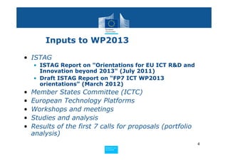 Inputs to WP2013

• ISTAG
    • ISTAG Report on "Orientations for EU ICT R&D and
      Innovation beyond 2013" (July 2011)
    • Draft ISTAG Report on “FP7 ICT WP2013
      orientations” (March 2012)
•   Member States Committee (ICTC)
•   European Technology Platforms
•   Workshops and meetings
•   Studies and analysis
•   Results of the first 7 calls for proposals (portfolio
    analysis)
                                                            4
                            Policy
                             Research and
                             Research and
                            Policy
                             Innovation
                             Innovation
 