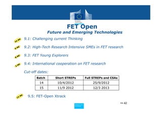 FET Open
                       Future and Emerging Technologies
     • 9.1: Challenging current Thinking
     M€
34


6M
  €  • 9.2: High-Tech Research Intensive SMEs in FET research

  €  • 9.3: FET Young Explorers
8M


  €  • 9.4: International cooperation on FET research
2M


     • Cut-off dates:
               Batch      Short STREPs                 Full STREPs and CSAs
                 14        10/4/2012                       25/9/2012
                 15        11/9 2012                        12/3 2013


 15
      M€   9.5: FET-Open Xtrack

                                       Policy
                                        Research and
                                                                              ••• 42
                                        Research and
                                       Policy
                                        Innovation
                                        Innovation
 