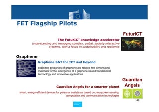 FET Flagship Pilots
                                                                                        FuturICT
                                The FuturICT knowledge accelerator
           understanding and managing complex, global, socially interactive
                       systems, with a focus on sustainability and resilience



Graphene
                Graphene S&T for ICT and beyond
                exploiting properties of graphene and related two-dimensional
                materials for the emergence of a graphene-based translational
                technology and innovative applications

                                                                                        Guardian
                               Guardian Angels for a smarter planet                      Angels
 smart, energy-efficient devices for personal assistance based on zero-power sensing,
                                         computation and communication technologies
                                                                                             46
                                              Policy
                                               Research and
                                               Research and
                                              Policy
                                               Innovation
                                               Innovation
 