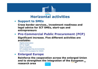 Horizontal activities
• Support to SMEs
  Cross border services., investment readiness and
  legal advice for ICT SMEs, start-ups and
  entrepreneurs
• Pre-Commercial Public Procurement (PCP)
  Significant increase. Five different activities are
  available:
   Digital preservation
   ICT for Health
   Cloud computing
   ICT-enabled learning environments
   Generic PCP to prepare for H2020

• Enlarged Europe
  Reinforce the cooperation across the enlarged Union
  and to strengthen the integration of the European 50
                                           ••• 50
  research area                        Policy
                                        Research and
                                        Research and
                                       Policy
                                        Innovation
                                        Innovation
 