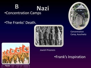 •Concentration Camps

•The Franks’ Death.

                                               Concentration
                                               Camp, Auschwitz




                      Jewish Prisoners


                                     •Frank’s Inspiration

Nazis
 
