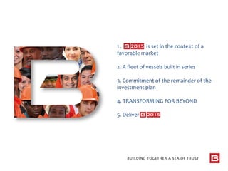 BUILDING TOGETHER A SEA OF TRUST
1 . is set in the context of a
favorable market
2. A fleet of vessels built in series
3. Commitment of the remainder of the
investment plan
4. TRANSFORMING FOR BEYOND
5. Deliver
 