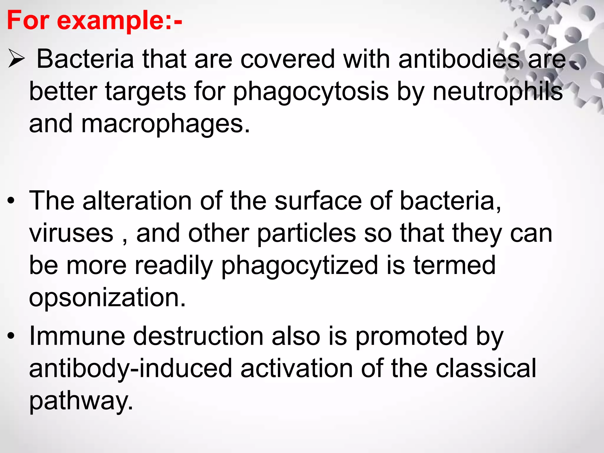 For example:-
 Bacteria that are covered with antibodies are
better targets for phagocytosis by neutrophils
and macrophages.
• The alteration of the surface of bacteria,
viruses , and other particles so that they can
be more readily phagocytized is termed
opsonization.
• Immune destruction also is promoted by
antibody-induced activation of the classical
pathway.
 