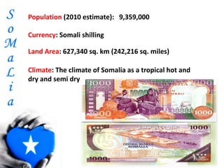 Population (2010 estimate): 9,359,000
Currency: Somali shilling
Climate: The climate of Somalia as a tropical hot and
dry and semi dry
Land Area: 627,340 sq. km (242,216 sq. miles)
 