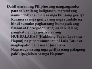 Dahil maraming Pilipino ang nangangamba 
para sa kanilang kaligtasan, marami ang 
namundok at sumali sa mga kilusang gerilya. 
Kasama sa mga gerilya ang mga sundalo na 
hindi sumuko pagkaraang bumagsak ang 
Bataan at Corregidor. Ang isa sa kilalang 
pangkat ng mga gerilya ay ang 
HUKBALAHAP (Hukbong Bayan Laban sa 
Hapon) na pinamumunuan ni Luis Taruc at 
magkapatid na Jesus at Jose Lava. 
Nagsasagawa ang mga gerilya nang patagong 
pakikipaglaban sa mga Hapones. 
 