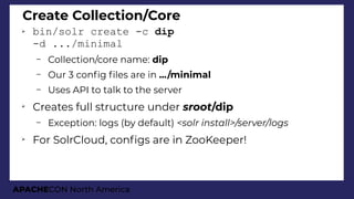 APACHECON North America
Create Collection/Core
➢ bin/solr create -c dip
-d .../minimal
– Collection/core name: dip
– Our 3 confg fles are in .../minimal
– Uses API to talk to the server
➢
Creates full structure under sroot/dip
– Exception: logs (by default) <solr install>/server/lois
➢
For SolrCloud, confgs are in ZooKeeper!
 