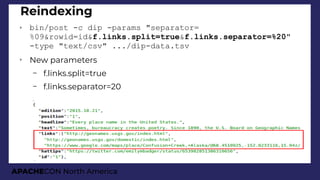 APACHECON North America
Reindexing
➢ bin/post -c dip -params "separator=
%09&rowid=id&f.links.split=true&f.links.separator=%20"
-type "text/csv" .../dip-data.tsv
➢
New parameters
– f.links.split=true
– f.links.separator=20
 
