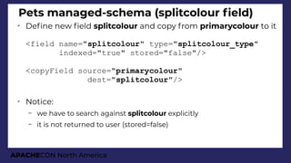 APACHECON North America
Pets managed-schema (splitcolour feld)
➢
Defne new feld splitcolour and copy from primarycolour to it
<field name="splitcolour" type="splitcolour_type"
indexed="true" stored="false"/>
<copyField source="primarycolour"
dest="splitcolour"/>
➢
Notice:
– we have to search against splitcolour explicitly
– it is not returned to user (stored=false)
 