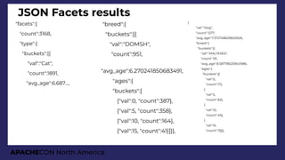 APACHECON North America
JSON Facets results
"facets":{
"count":3168,
"type":{
"buckets":[{
"val":"Cat",
"count":1891,
"avg_age":6.687...,
"breed":{
"buckets":[{
"val":"DOMSH",
"count":951,
"avg_age":6.270241850683491,
"ages":{
"buckets":[
{"val":0, "count":387},
{"val":5, "count":358},
{"val":10, "count":164},
{"val":15, "count":41}]}},
{
"val":"Dog",
"count":1277,
"avg_age":7.372748629600626,
"breed":{
"buckets":[{
"val":"MALTESEX",
"count":131,
"avg_age":8.587786259541986,
"ages":{
"buckets":[{
"val":0,
"count":17},
{
"val":5,
"count":62},
{
"val":10,
"count":45},
{
"val":15,
"count":7}]}},
 