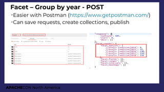 APACHECON North America
Facet – Group by year - POST
➢
Easier with Postman (https://www.getpostman.com/)
➢
Can save reques...