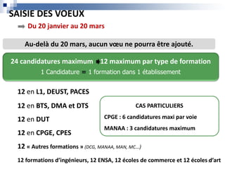 Au-delà du 20 mars, aucun vœu ne pourra être ajouté.
12 en L1, DEUST, PACES
12 en BTS, DMA et DTS
12 en DUT
12 en CPGE, CPES
12 « Autres formations » (DCG, MANAA, MAN, MC…)
12 formations d’ingénieurs, 12 ENSA, 12 écoles de commerce et 12 écoles d’art
SAISIE DES VOEUX
Du 20 janvier au 20 mars
CAS PARTICULIERS
CPGE : 6 candidatures maxi par voie
MANAA : 3 candidatures maximum
24 candidatures maximum 12 maximum par type de formation
1 Candidature = 1 formation dans 1 établissement
11
 