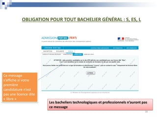 Ce message
s’affiche si votre
première
candidature n’est
pas une licence dite
« libre »
OBLIGATION POUR TOUT BACHELIER GÉNÉRAL : S, ES, L
Les bacheliers technologiques et professionnels n’auront pas
ce message
18
 