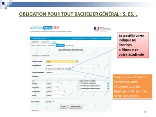 Vous pouvez filtrer la
recherche pour
n’obtenir que les
licences « libres » de
votre académie
OBLIGATION POUR TOUT BACHELIER GÉNÉRAL : S, ES, L
La pastille verte
indique les
licences
« libres » de
votre académie
19
 