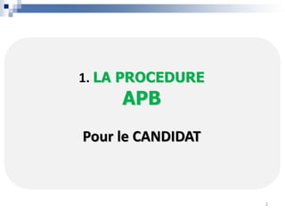 1. LA PROCEDURE
APB
Pour le CANDIDAT
2
 