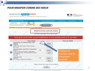 POUR MODIFIER L’ORDRE DES VOEUX
J’indique le
nouveau rang de
classement
souhaité
Quel qu’en soit le motif, aucune modification ne sera possible après le 31 mai 2016
32
 