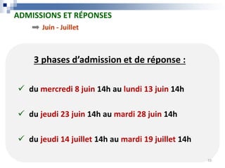 3 phases d’admission et de réponse :
 du mercredi 8 juin 14h au lundi 13 juin 14h
 du jeudi 23 juin 14h au mardi 28 juin 14h
 du jeudi 14 juillet 14h au mardi 19 juillet 14h
Juin - Juillet
ADMISSIONS ET RÉPONSES
33
 