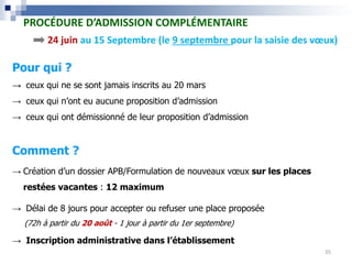 Pour qui ?
→ ceux qui ne se sont jamais inscrits au 20 mars
→ ceux qui n’ont eu aucune proposition d’admission
→ ceux qui ont démissionné de leur proposition d’admission
Comment ?
→ Création d’un dossier APB/Formulation de nouveaux vœux sur les places
restées vacantes : 12 maximum
→ Délai de 8 jours pour accepter ou refuser une place proposée
(72h à partir du 20 août - 1 jour à partir du 1er septembre)
→ Inscription administrative dans l’établissement
24 juin au 15 Septembre (le 9 septembre pour la saisie des vœux)
PROCÉDURE D’ADMISSION COMPLÉMENTAIRE
35
 