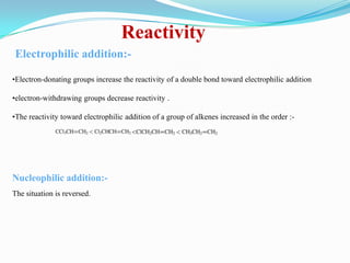 Reactivity
Electrophilic addition:-

•Electron-donating groups increase the reactivity of a double bond toward electrophilic addition

•electron-withdrawing groups decrease reactivity .

•The reactivity toward electrophilic addition of a group of alkenes increased in the order :-




Nucleophilic addition:-
The situation is reversed.
 