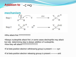 Addition to

mechanism




•Who attack first ???????????

•Always nucleophile attack first ,in some cases electrophile may attack
but rate determining step is always addition of nucleophile.
•How they will attack???????????????

•If at beta position electron withdrawing group is present ------- syn

•If at beta position electron releasing grouup is present -----------anti
 