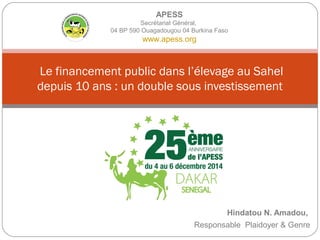 Hindatou N. Amadou,
Responsable Plaidoyer & Genre
Le financement public dans l’élevage au Sahel
depuis 10 ans : un double sous investissement
APESS
Secrétariat Général,
04 BP 590 Ouagadougou 04 Burkina Faso
www.apess.org
 
