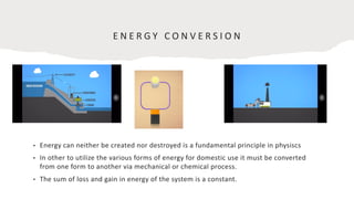 E N E R G Y C O N V E R S I O N
• Energy can neither be created nor destroyed is a fundamental principle in physiscs
• In other to utilize the various forms of energy for domestic use it must be converted
from one form to another via mechanical or chemical process.
• The sum of loss and gain in energy of the system is a constant.
 