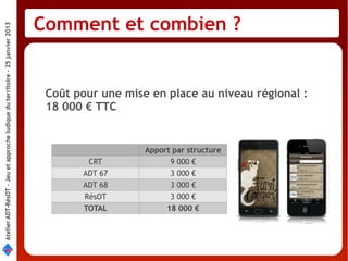 Comment et combien ?
Atelier ADT-RésOT – Jeu et approche ludique du territoire - 25 janvier 2013




                                                                               Coût pour une mise en place au niveau régional :
                                                                               18 000 € TTC


                                                                                                 Apport par structure
                                                                                      CRT              9 000 €
                                                                                     ADT 67            3 000 €
                                                                                     ADT 68            3 000 €
                                                                                     RésOT             3 000 €
                                                                                     TOTAL            18 000 €
 